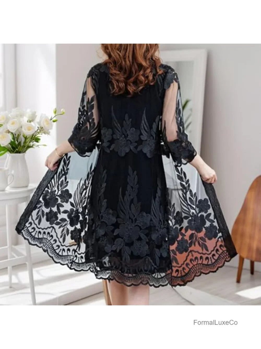 Loose Fit Ethnic Fusion Floral Lace Trim Knit Cardigan Sheer Duster 3/4 Sleeve